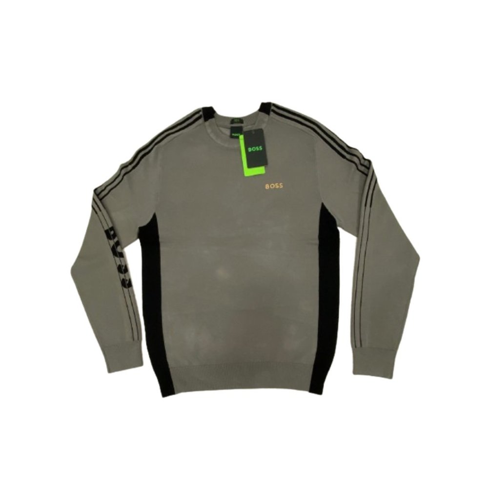 NWT Hugo Boss Men's Color Blocked Cotton Blend Sweater Striped Logo Gray S-XXL - Picture 3 of 6
